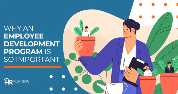 A woman tends to potted plants, each with a tiny person inside, symbolizing total employee development. Text reads "Why an employee development program is so important.