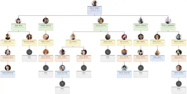 An organizational chart showing a flexible organizational structure with David Power at the top, leading to various teams and individuals.